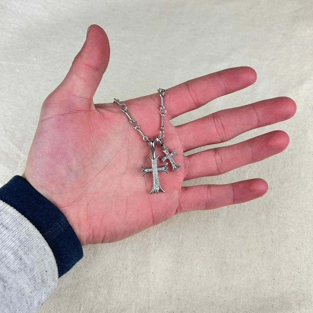 Vintage Y2K silver double cross opium style necklace diamond chain
